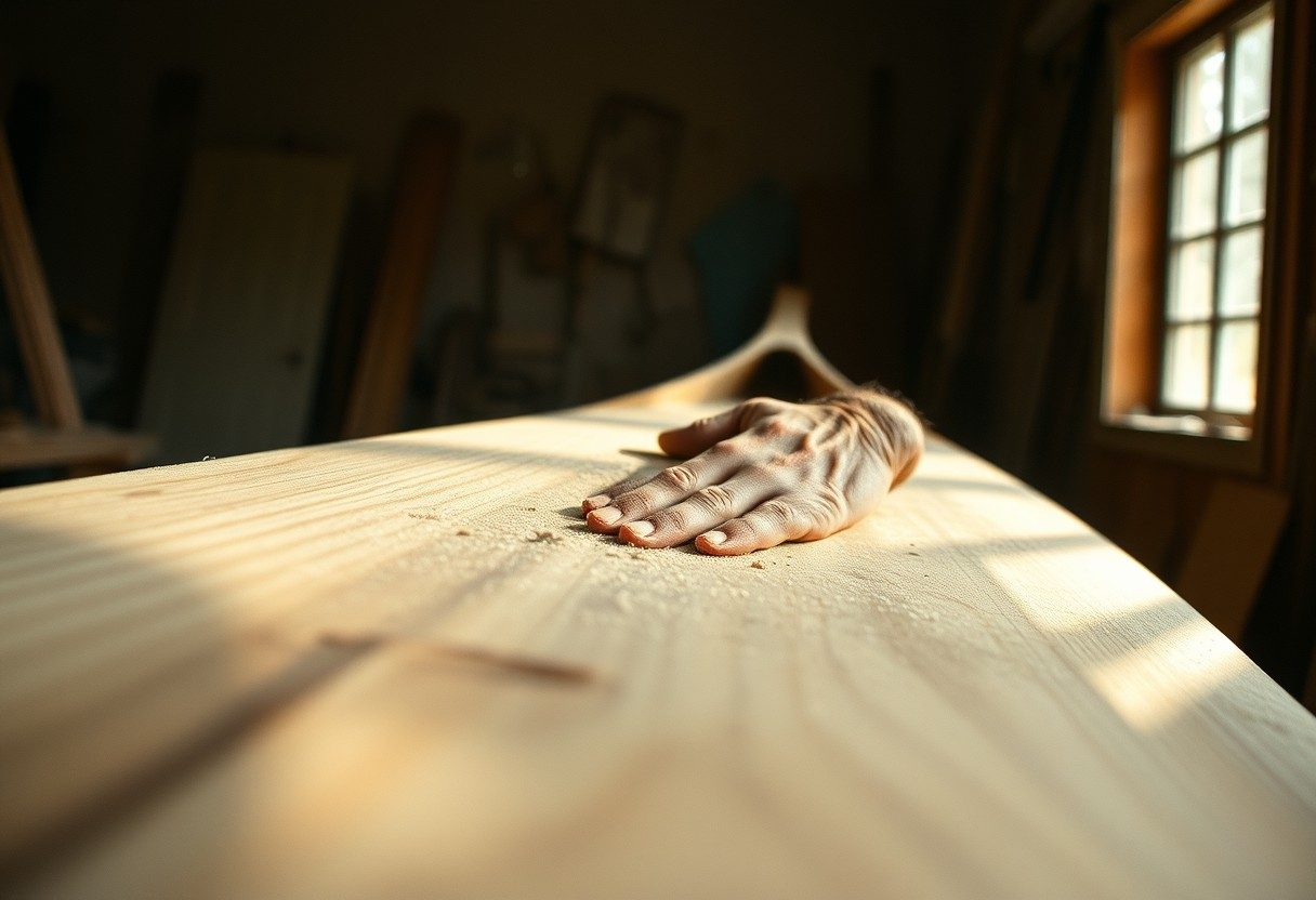 Hands sanding the hull of a wooden canoe in a sunlit workshop