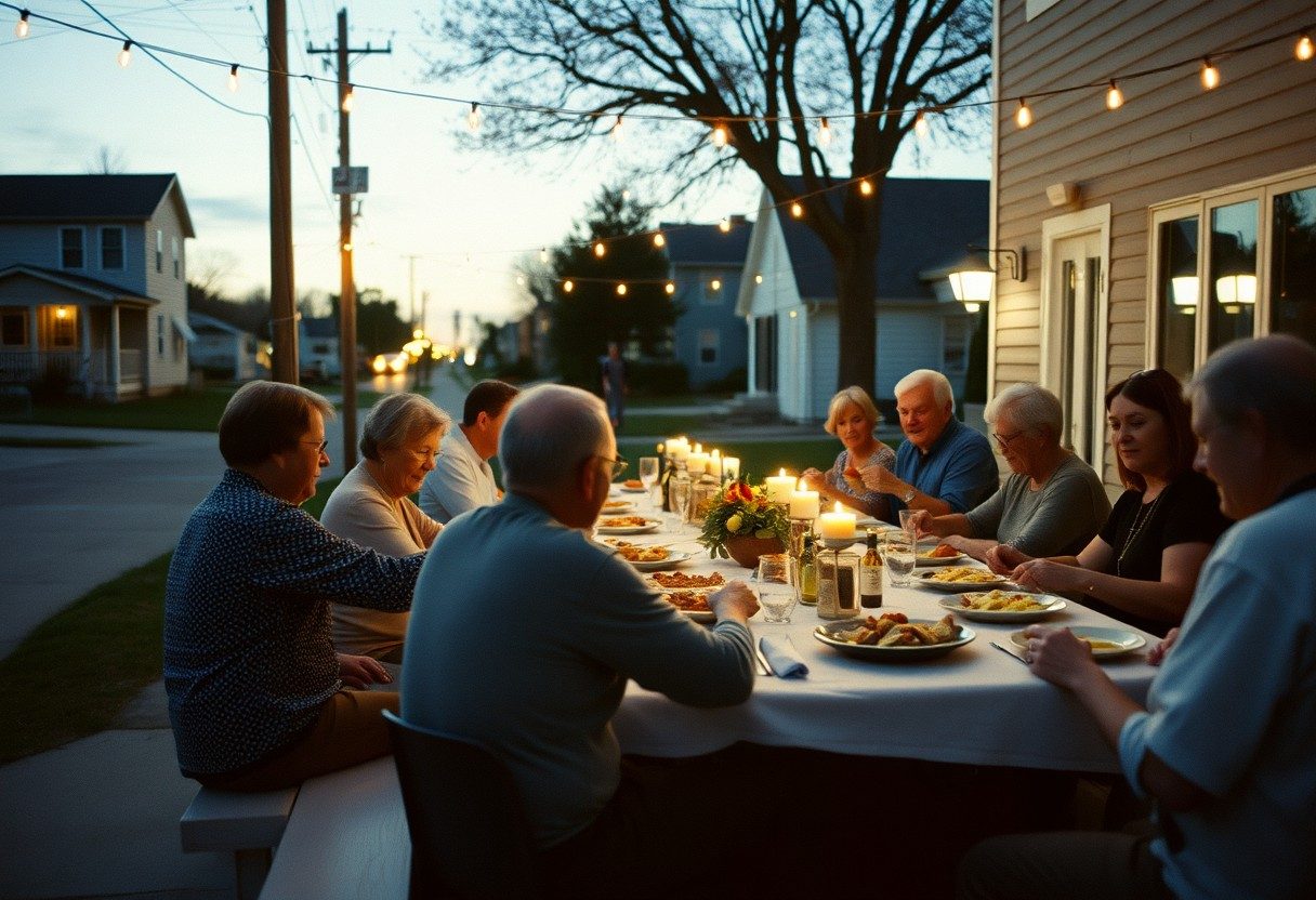Neighbors sharing a long outdoor dinner table at dusk under string lights