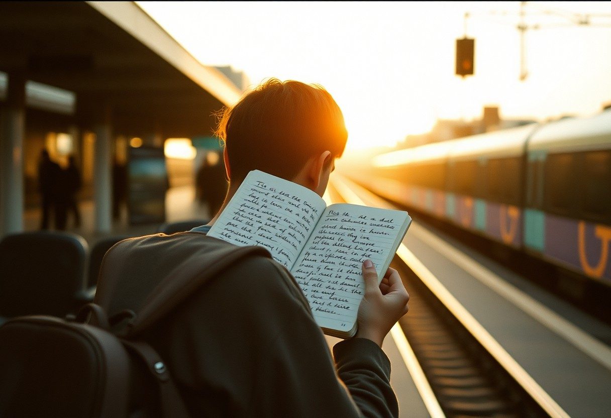 A traveler with a small backpack reading a notebook on a train platform at golden hour